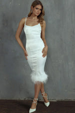 Hopelessly Devoted Feather Trim Midi Dress White