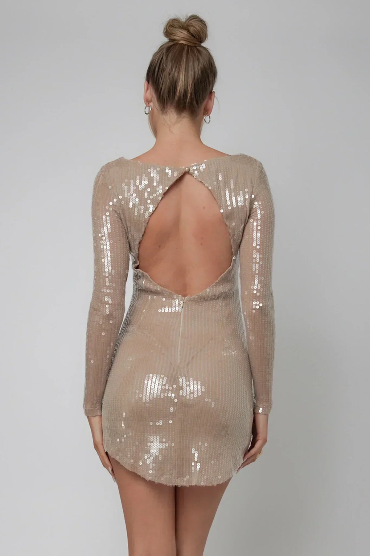 Karma Long Sleeve Keyhole Back Sequin Dress Nude
