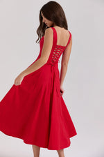 red stretch cotton midi sundress