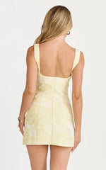Orla Mini Dress - Jacquard Scoop Neck Fitted Dress in Lemon