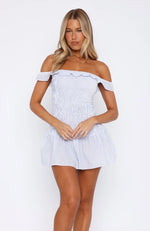 Winners Circle Off Shoulder Mini Dress Blue Stripe