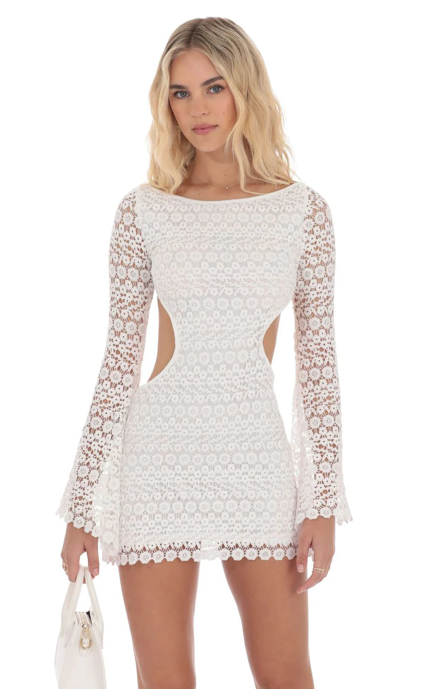 Floral Crochet Long Sleeve Dress in White