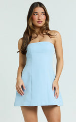 Catharine Mini Dress - Strapless A Line Dress in Blue