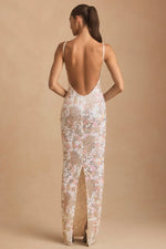 Embellished Scoop-Neck Backless Maxi Dress in Ivory