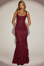Embellished Fishtail Corset Gown in Wine Red