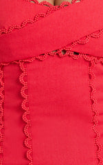 Gigi Mini Linen Blend Dress - Sweetheart Tie Back Scallop Detail Dress in Red