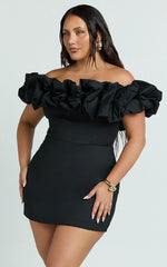 Coraline Mini Dress - Ruffle Off Shoulder Fitted Dress in Black