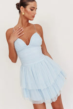 Nightingale Ruched Mesh Mini Dress Baby Blue