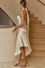Morning Sun Cowl Neckline Asymmetrical Hem Midi Dress Champagne