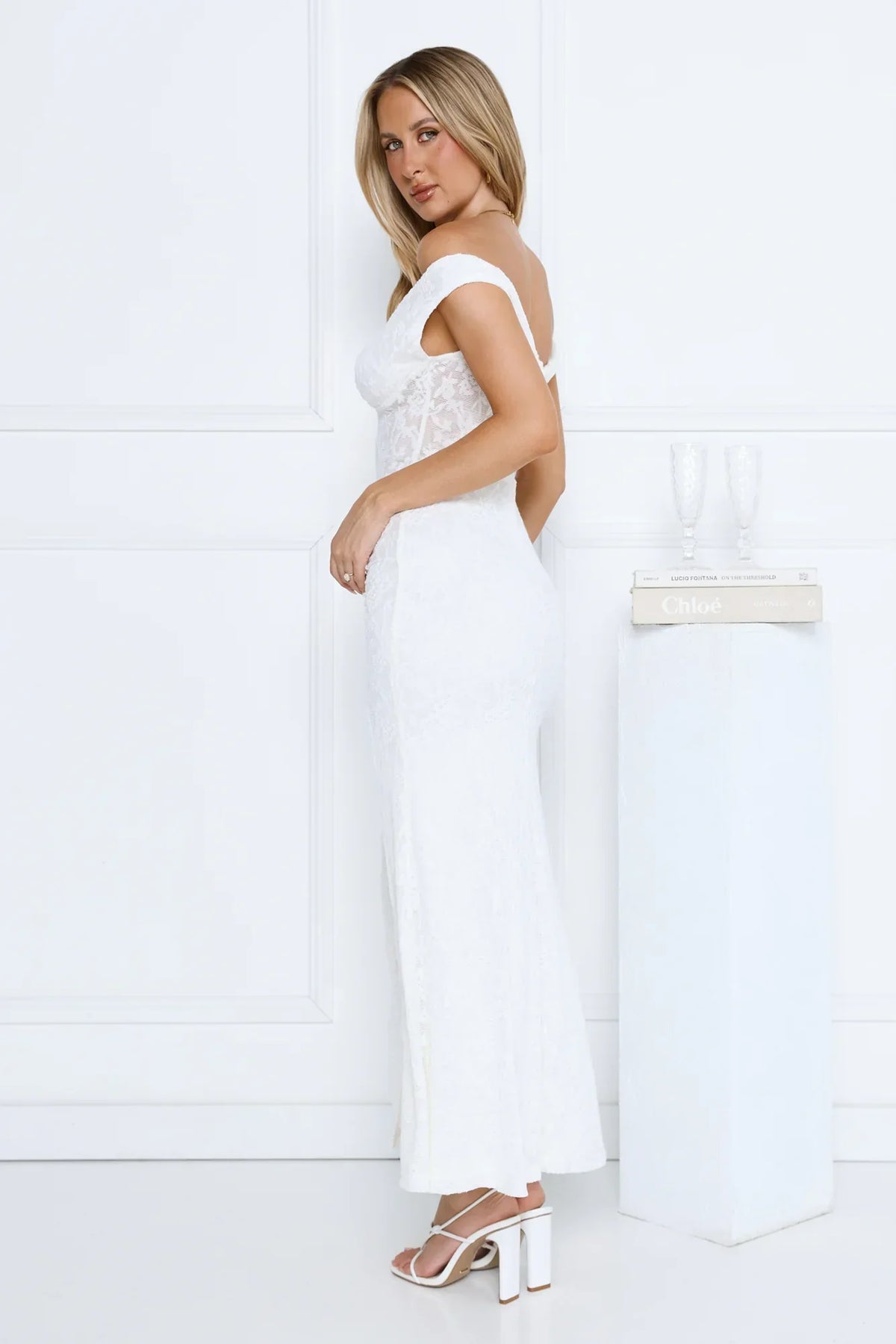 Ivory Veil Off Shoulder Lace Maxi Dress White