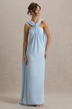 Ariana | Powder Blue Cross-Neck Maxi Dress With Cape