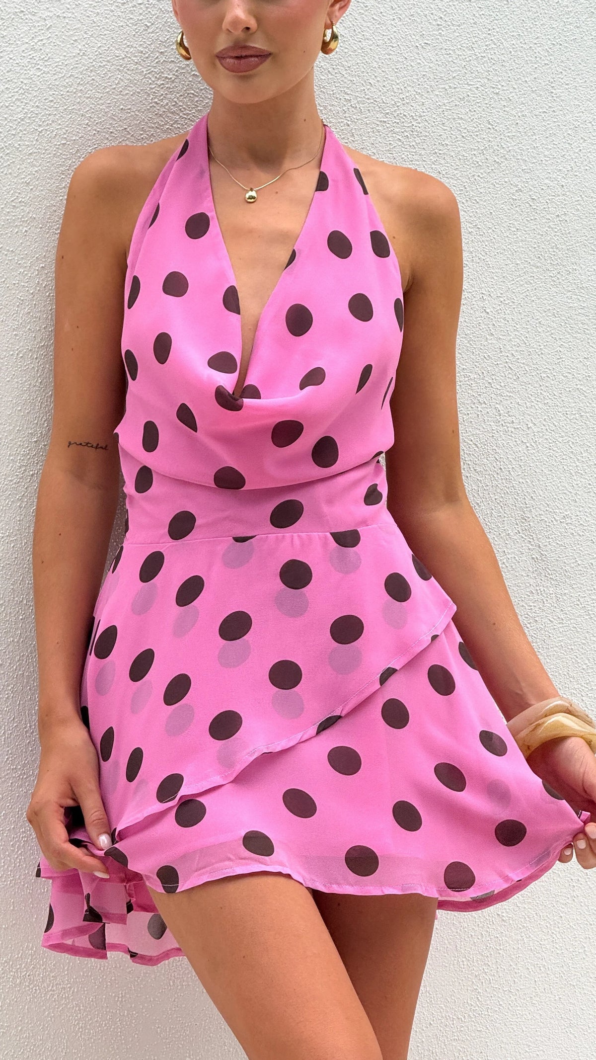 Imali Mini Dress - Pink/Choc Polka