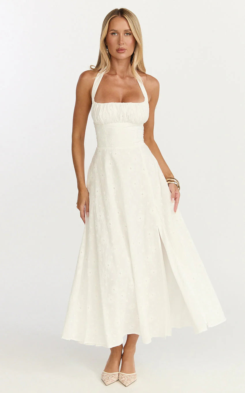 Lyra Midi Dress - Broderie Ruched Bust Halter Neck Dress in White