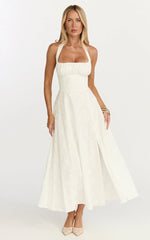 Lyra Midi Dress - Broderie Ruched Bust Halter Neck Dress in White
