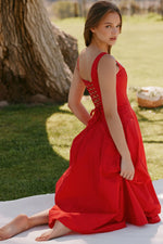 red stretch cotton midi sundress