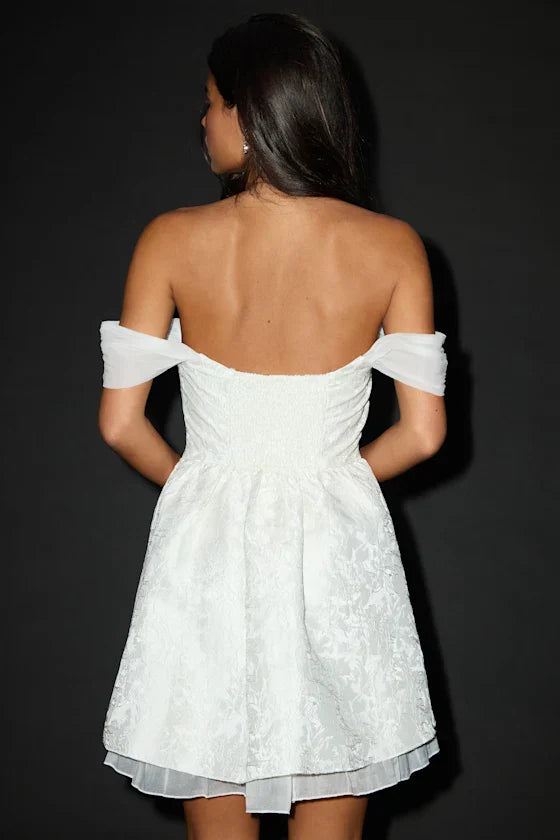 Kalara White Jacquard Off-the-Shoulder Mini Dress