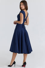 navy lace back twill midi dress