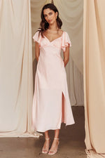 Park Avenue Flutter Sleeve Side Split Midi Dress Blush