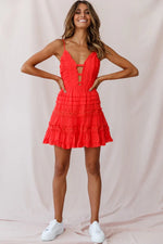 Riley Deep V-Neckline Ruffle Detail Dress Red