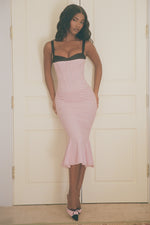 Layered Bra-Detail Fishtail Midaxi Dress in Pink Polka Dot