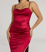 Iliana Cowl Neck High Slit Satin Column Dress