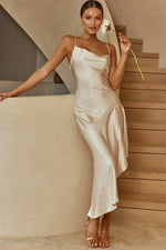 Morning Sun Cowl Neckline Asymmetrical Hem Midi Dress Champagne