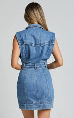 Jasse Mini Dress - Hardware Button Through Denim Dress in Mid Blue Wash