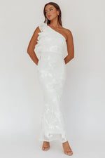 Deanna One-Shoulder Ruffle Maxi Dress Floral Texture White