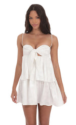 Jacquard Front Tie Ruffle Dress in White