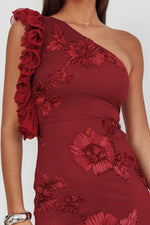 Deanna One-Shoulder Ruffle Maxi Dress Floral Texture Wine