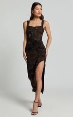 Karlene Midi Dress - Ruched Corset Burnout Dress in Black and Brown