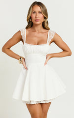 Adalee Mini Dress - Sleeveless Ruched Bodice Lace Trim Dress in Off White