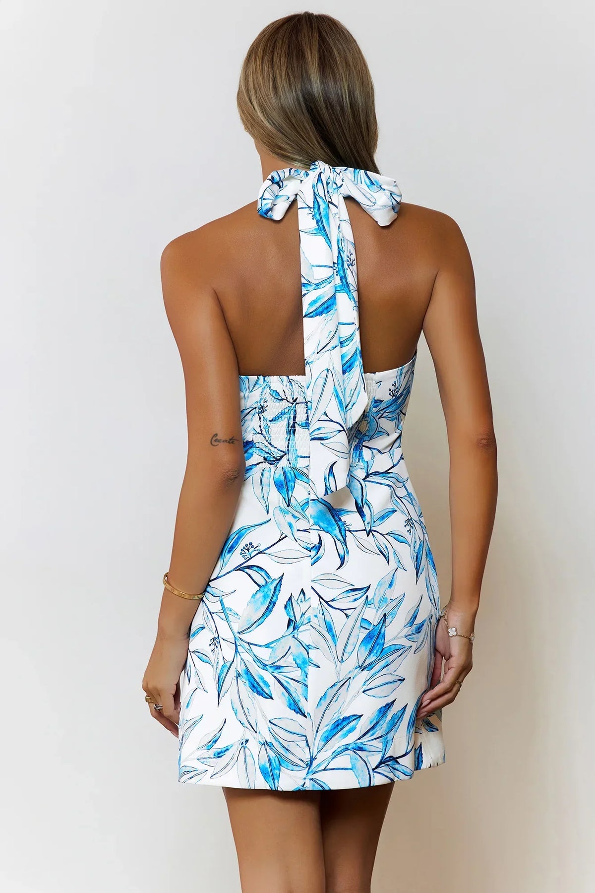 Island Bloom Halter Mini Dress Blue