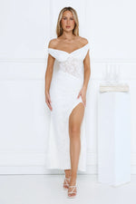 Ivory Veil Off Shoulder Lace Maxi Dress White