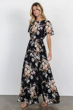 Naomi Short Sleeve Maxi Dress | Black Floral