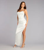 Jane Cowl Neck Slit Satin Formal Column Dress