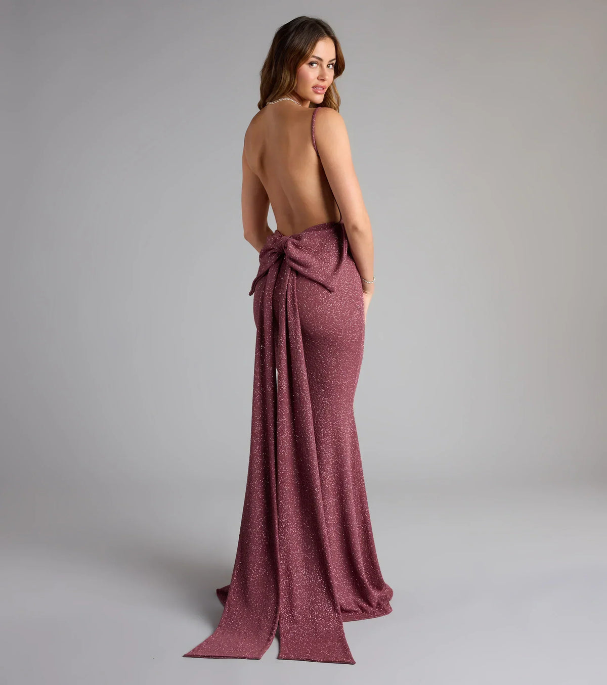 Gwendolyn Glitter Knit Bow-Back Mermaid Dress