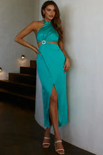Night Breeze Halterneck Diamante Midi Dress Steel Blue