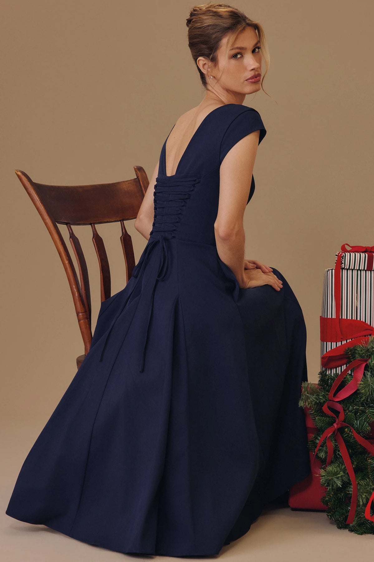 navy lace back twill midi dress