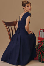 navy lace back twill midi dress