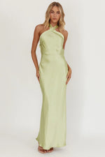 Italia Azure Crossover Halterneck Maxi Dress Pistachio