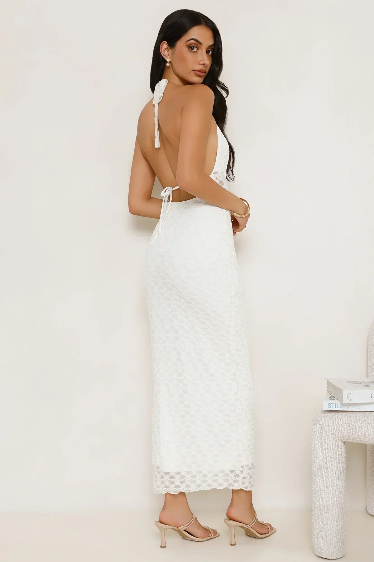 Lace Me Up Halter Maxi Dress Cream