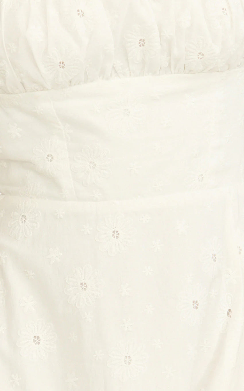 Lyra Midi Dress - Broderie Ruched Bust Halter Neck Dress in White