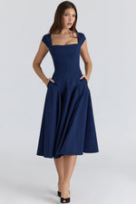 navy lace back twill midi dress