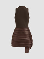 High Neck Ruched Knotted Mini Dress