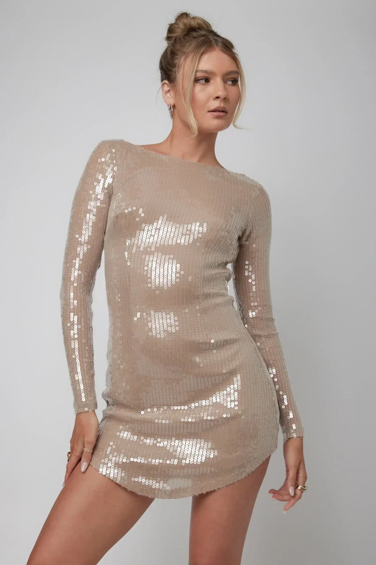 Karma Long Sleeve Keyhole Back Sequin Dress Nude