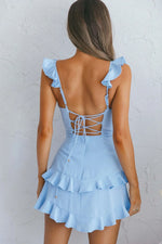 Moonlit Moment Ruffle Trim Piping Detail Lace-Up Back Dress Blue