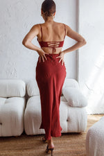 Fondest Memories Ruched Drawstring Bust Lace-Up Back Midi Dress Brown