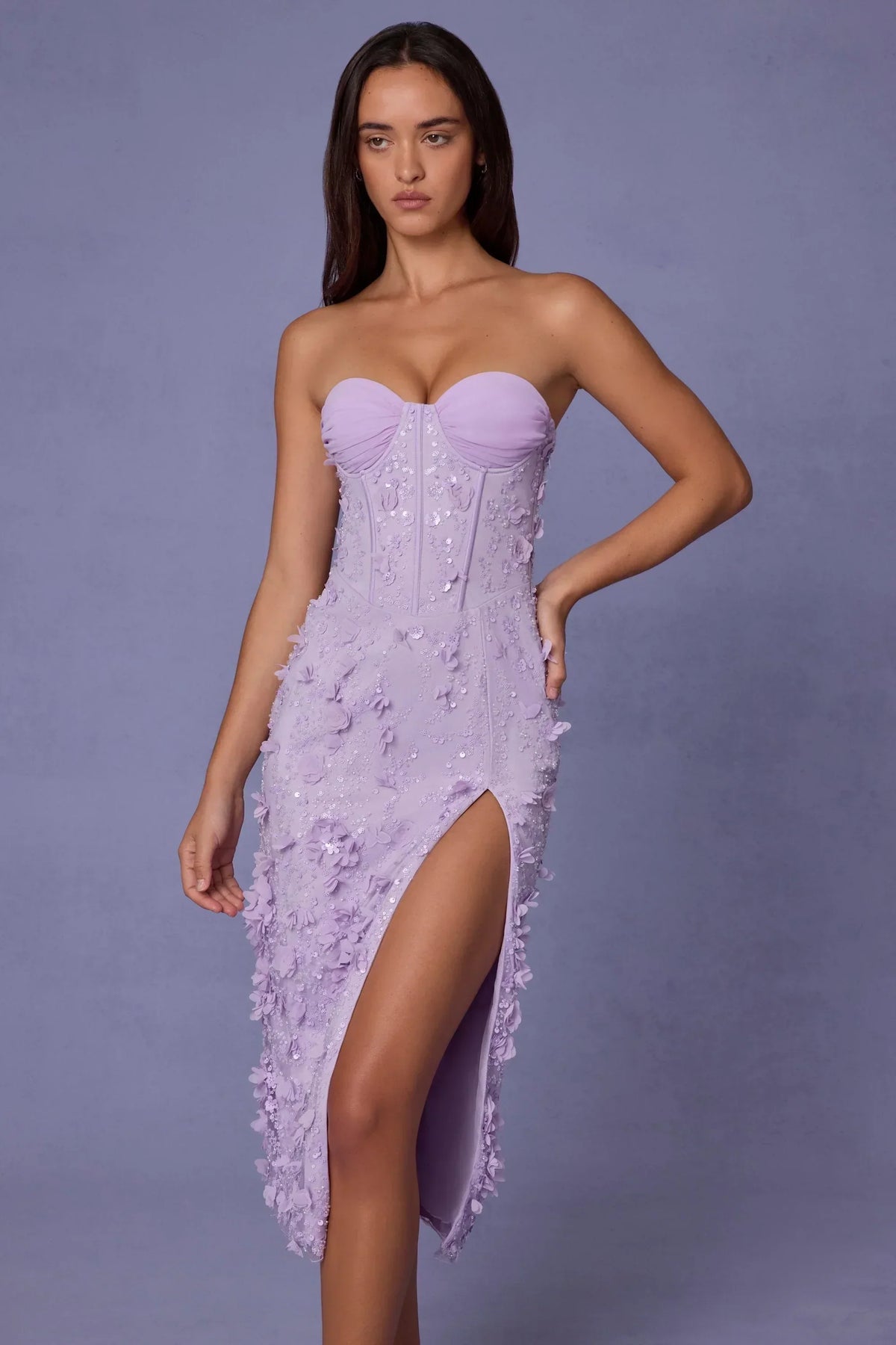 Lace-Up Corset Midaxi Dress with Split in Lilac
