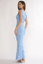 Moonlit Magic Asymmetric Neckline Embellished Maxi Dress Blue
